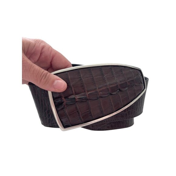 Womens Belt One Size Brown Crocodile Statement Buckle Leather